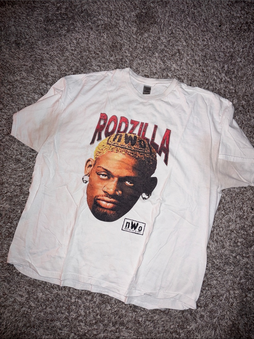 Gildan White Rodzilla Graphic Tee with Red and Yellow Artwork